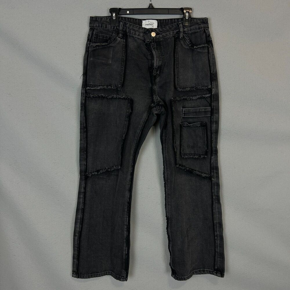 Promaster Womens Black Washed Patchwork Cargo Denim Jeans XL Frayed Streetwear